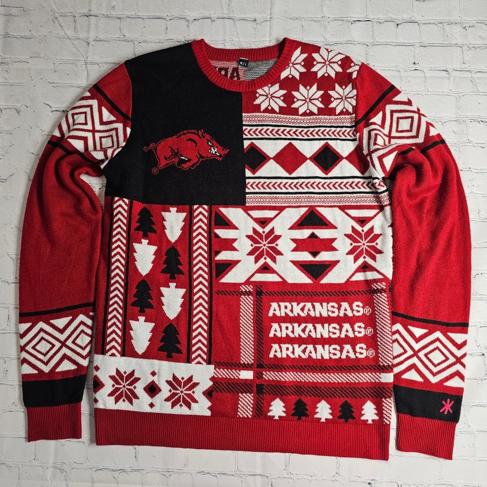 Arkansas Razorbacks Ugly Christmas Sweater Mens Large‎ Red Black Patchwork Knit
